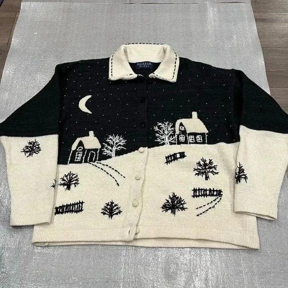 [XL]Rainbow  Bridge Winter Scene Embroidered Collared Button Knit Sweater - Picture 2 of 7